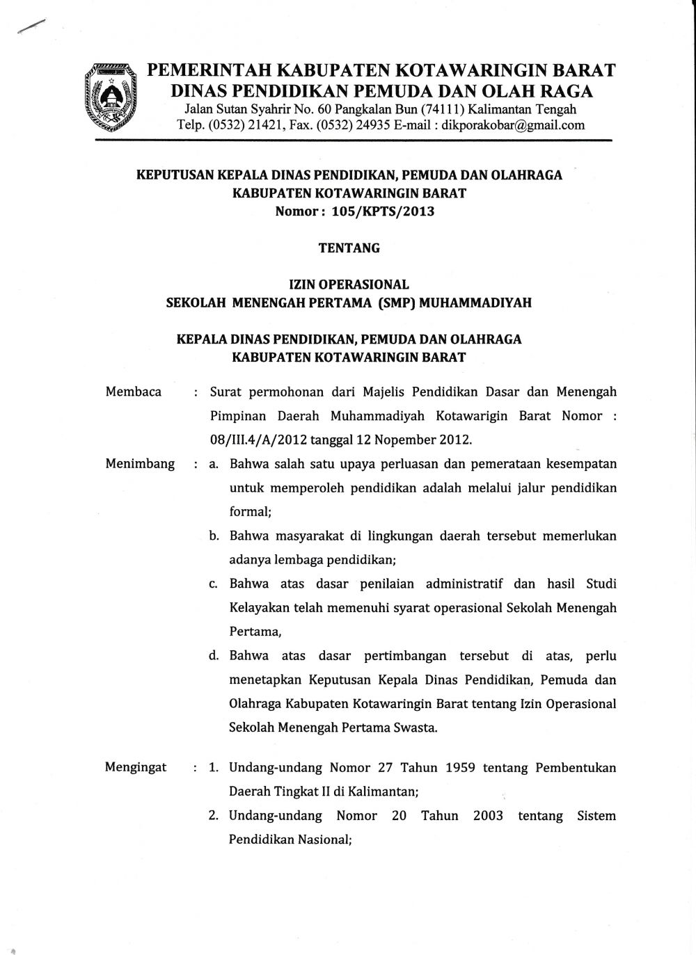 Ijin Operasional Smp Pdm Kabupaten Kotawaringin Barat